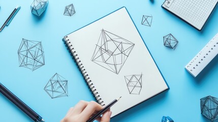 Geometric Shapes and Sketches on Blue Background with Notebook and Pen for Creative Design Concepts