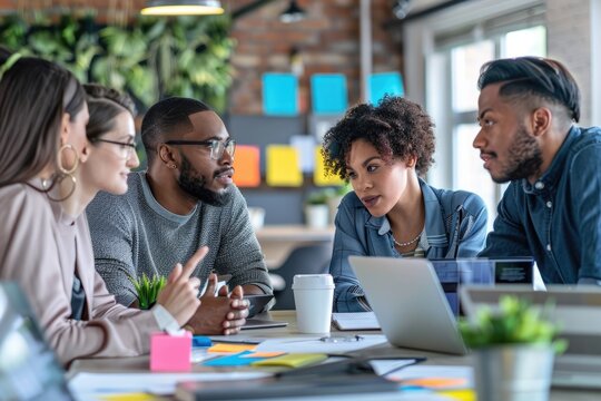 Team discussion in office, working on collaborative project together
