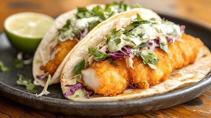 A taco stuffed with crispy fish, topped with cabbage slaw, lime crema, and fresh cilantro.


