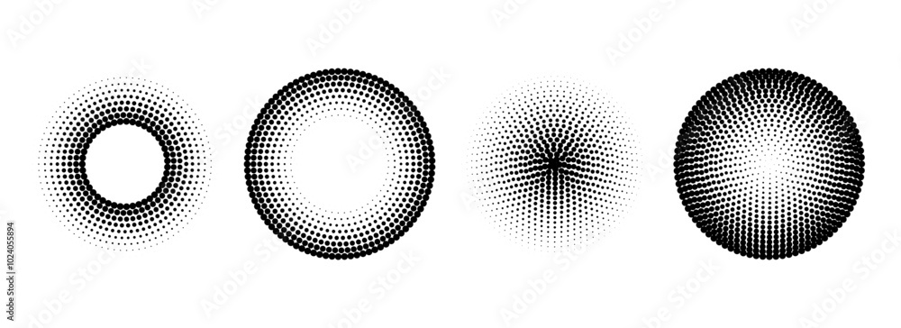 Poster halftone concentric circle set. comic grunge texture ring shape collection. dotted round geometric c