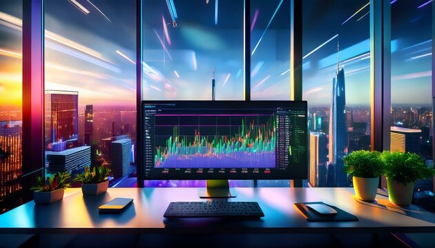 A breathtaking panorama of urban ambition unfolds, where financial data dances across screens against a backdrop of shimmering city lights.