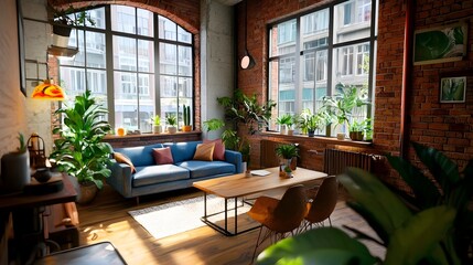 Fototapeta premium Airy and Inviting Loft Apartment Interior with Exposed Brick Walls Large Windows and Contemporary Minimalist Furnishings