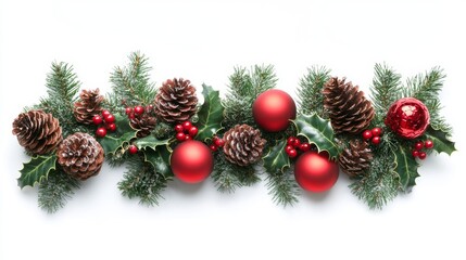 Festive green Christmas garland adorned with red baubles, pine cones, and holly berries for holiday decorations