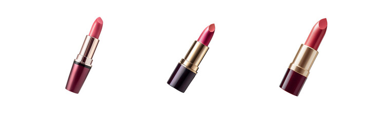 Three lipsticks with different shades of pink and red are isolated on a white background.