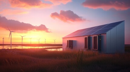 Obraz premium Solar panels with integrated battery storage, solar panels combined with advanced battery systems, storing energy for later use, 