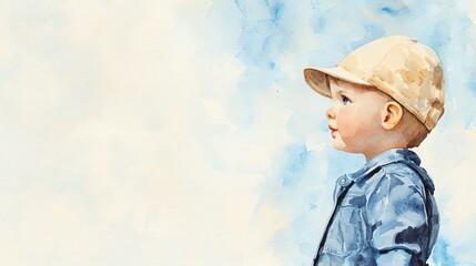 A charming portrait of a young boy in a cap, depicted in a serene watercolor style against a light blue background.