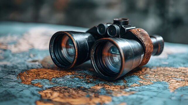 Vintage pair of binoculars resting on a detailed map of the world evoking a sense of the desire to discover new horizons and destinations