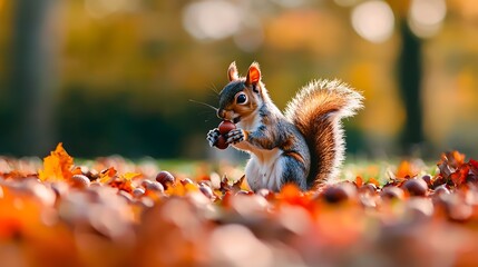 Obraz premium A Cute Squirrel Busily Gathering and Hoarding Acorns in a Peaceful Autumn Park Scene During the Crisp Morning Hours