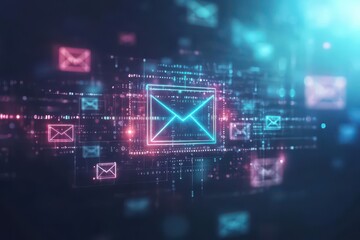 Fototapeta premium Digital envelope icon floating over a sleek holographic interface, soft glowing light, minimalistic design, hightech email concept