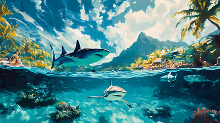 Obraz premium Encounters in paradise: diving into bora bora's turquoise waters with sharks. Polynesian Island Life. Illustration