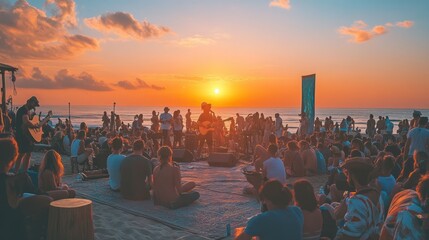 Sunset beach festival with indie music, featuring local and independent bands performing as the sun sets over the ocean, 