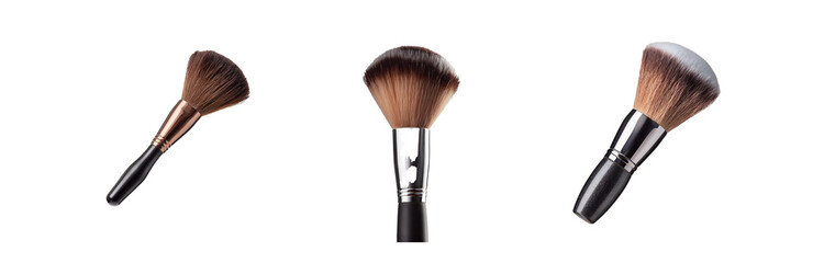 Three makeup brushes with different handle colors and bristle shapes isolated on a white background.