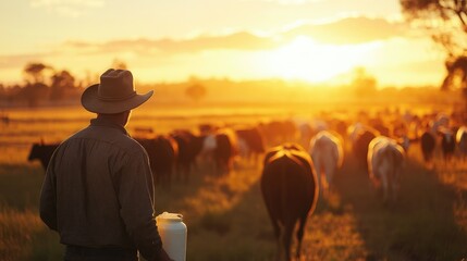 Fototapeta premium Silhouetted Farmer in Cowboy Hat Overseeing Cattle at Sunrise, Rural Farming Landscape, Peaceful Morning on the Ranch