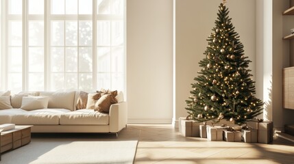 Cozy minimalist living room adorned with a beautifully decorated Christmas tree in warm light during the holiday season