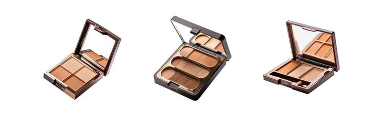 Three open makeup palettes with different shades of brown eyeshadow.