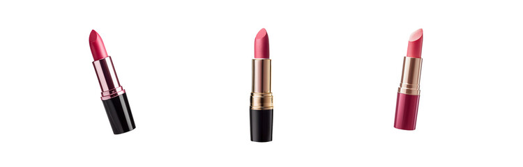 Fototapeta premium Three pink lipsticks on white background.