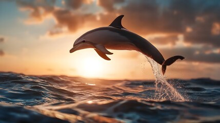Fototapeta premium Magnificent Silhouette of a Dolphin Breaching the Waves Against a Breathtaking Backdrop of a Glowing Vibrant Sunset Over the Open Ocean