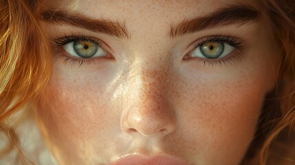 Fototapeta premium Close Up Portrait of a Woman with Green Eyes and Freckles