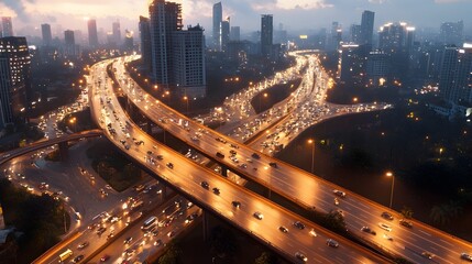 Obraz premium A breathtaking bird s eye view of a vast illuminated cityscape with an intricate network of highways and bridges linking different districts