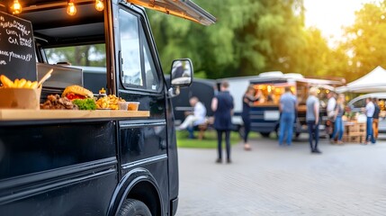 Lively Food Truck Festival in a Bustling Open Plaza with People Savoring a Variety of Delicious Cuisines and Culinary Delights