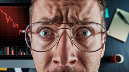 Close-up shot of a business person's worried expression during a market decline