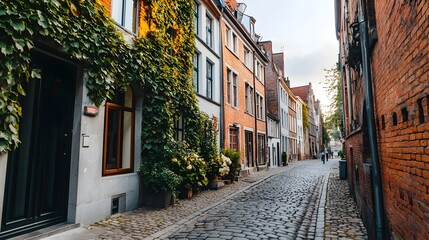 Fototapeta premium A tranquil and picturesque cobblestone alleyway in a charming European town lined with ivy covered historic buildings creating a serene and nostalgic atmosphere for the viewer to explore and discover