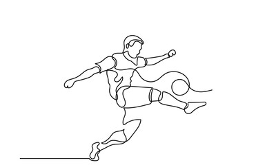 Continuous line drawing of a Football player kicking a ball.single-line Football player action with the ball isolated on a white background.A young football player kicking a ball. Soccer Player kick 