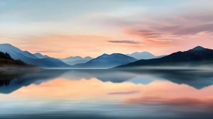 Fototapeta premium Captivating Twilight Reflections on a Serene Mountain Lake Landscape A breathtaking natural scenery with a tranquil lake mirroring the majestic mountains and a colorful moody sky at dusk