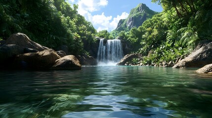Naklejka premium Captivating scene of a tropical waterfall cascading into a crystal clear pool surrounded by a lush verdant oasis of towering trees vibrant foliage and flourishing vegetation