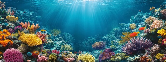 Fototapeta premium Vibrant underwater coral reef with colorful marine life under sunlight
