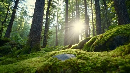 Obraz premium Sunlit Enchanted Forest with Moss Covered Ground A dense forest with sunbeams breaking through the lush canopy illuminating the verdant moss covered ground and creating a magical serene atmosphere