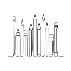 Outline drawing of pencils and pens in a row on white background