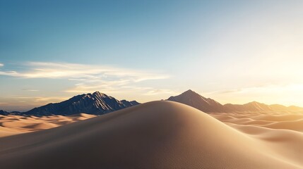 Ethereal desert landscape at golden hour with stretching sand dunes on the horizon  Peaceful serene and panoramic view of the vast arid terrain