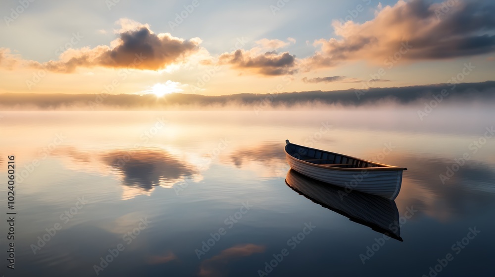 Poster a small boat gently floating on a calm misty lake at the break of dawn creating a serene and atmosph