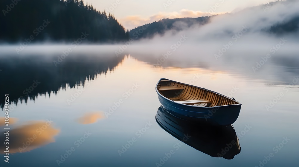 Poster tranquil boat floating serenely on a calm lake with mist rising from the water at the first light of