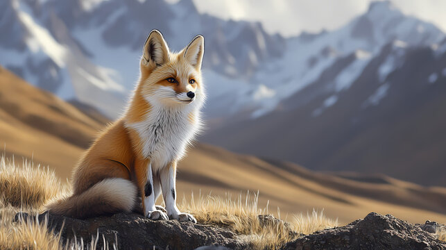 Majestic tibetan sandfox in natural habitat showcasing unique fur and alert expression in nature. Tibetan Plateau. Illustration