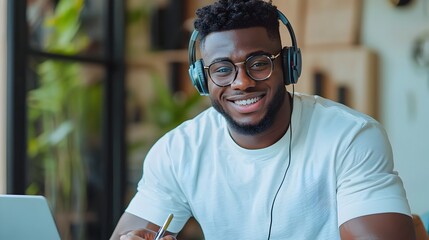 Young Man Focusing Intently on E Learning Course Wearing Headphones and Glasses While Taking Notes at His Home Office Desk Showcasing Modern Remote Education and Cybernetic Study Environment