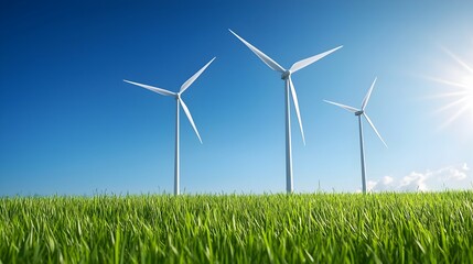 Fototapeta premium Spinning wind turbines in a lush green field under a clear blue sky symbolizing clean energy sustainability and the transition to alternative energy sources This dynamic