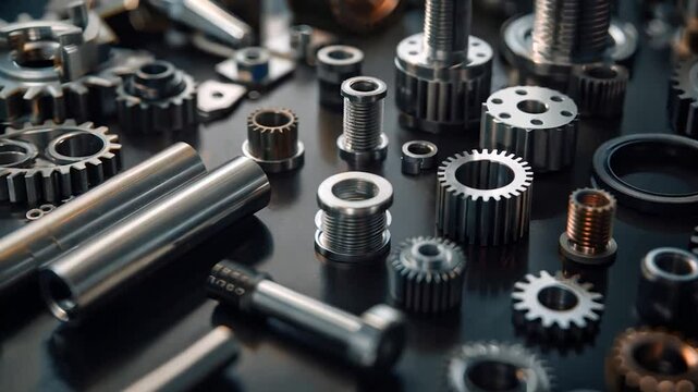 Assorted Metal Gears and Components on Dark Surface - Industrial and Mechanical Parts Close-Up