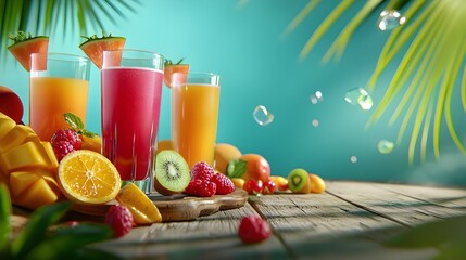 Fototapeta premium Chilled tropical fruit juices served in vibrant glasses on a wooden table with palm leaves and other tropical foliage in the background Optimized for photography use with a casual