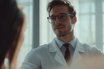 Naklejka premium A Male Doctor in a White Lab Coat Listens Attentively to a Patient in a Well-Lit Consultation Room During the Day