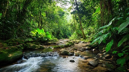 Lush jungle ecosystem teeming with diverse plant and animal life, featuring dense tropical vegetation, towering trees, and a vibrant array of wildlife. A thriving natural habitat showcasing the rich