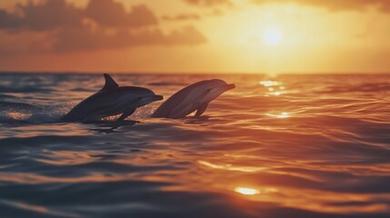 Fototapeta premium A couple of dolphins enjoying the evening sunset on the surface of the water
