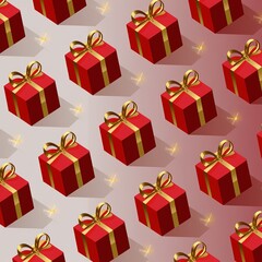Obraz premium Vibrant seamless holiday pattern wallpaper featuring repetitive 3D red gift boxes with luxurious gold ribbons and sparkling festive lights.