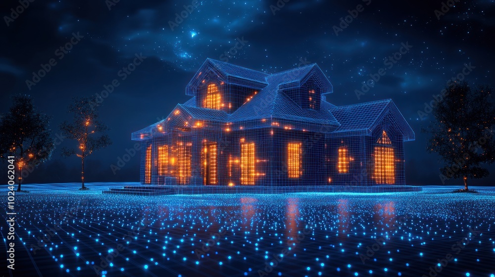 Poster a wireframe model of a house with glowing windows, surrounded by trees and a field of light, under a