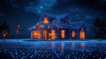Fototapeta premium A wireframe model of a house with glowing windows, surrounded by trees and a field of light, under a starry night sky.
