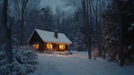 A warm and cozy cabin with glowing windows stands out in a tranquil snow-covered forest landscape during a peaceful winter night
