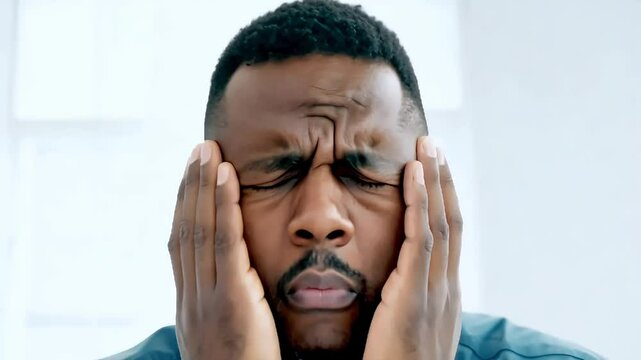 Man pressing his hands to his temples with a pained expression, capturing the intensity of stress or a headache