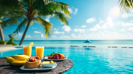 Breakfast in swimming pool, floating breakfast in luxurious tropical resort. Table relaxing on calm pool water, healthy breakfast and fruit plate by resort pool. Tropical couple beach luxury lifestyle