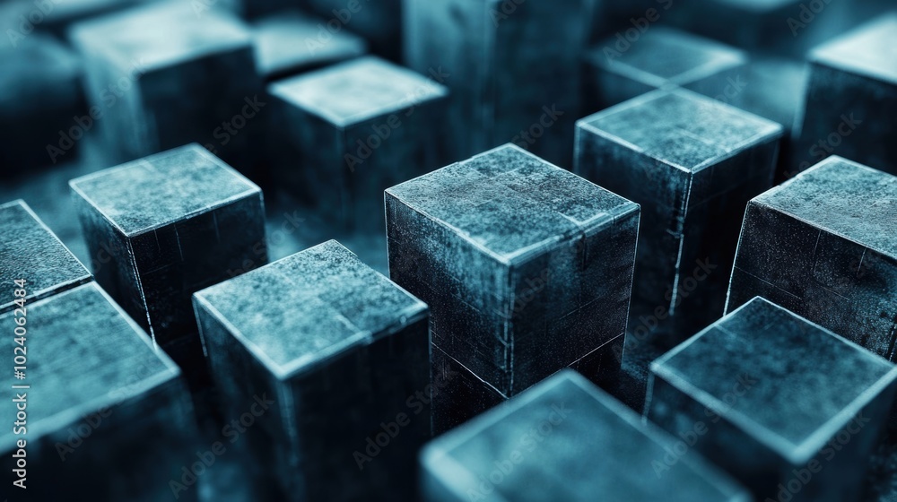 Poster interlocking cubes representing blockchain technology, showcasing interconnectedness, security, and 